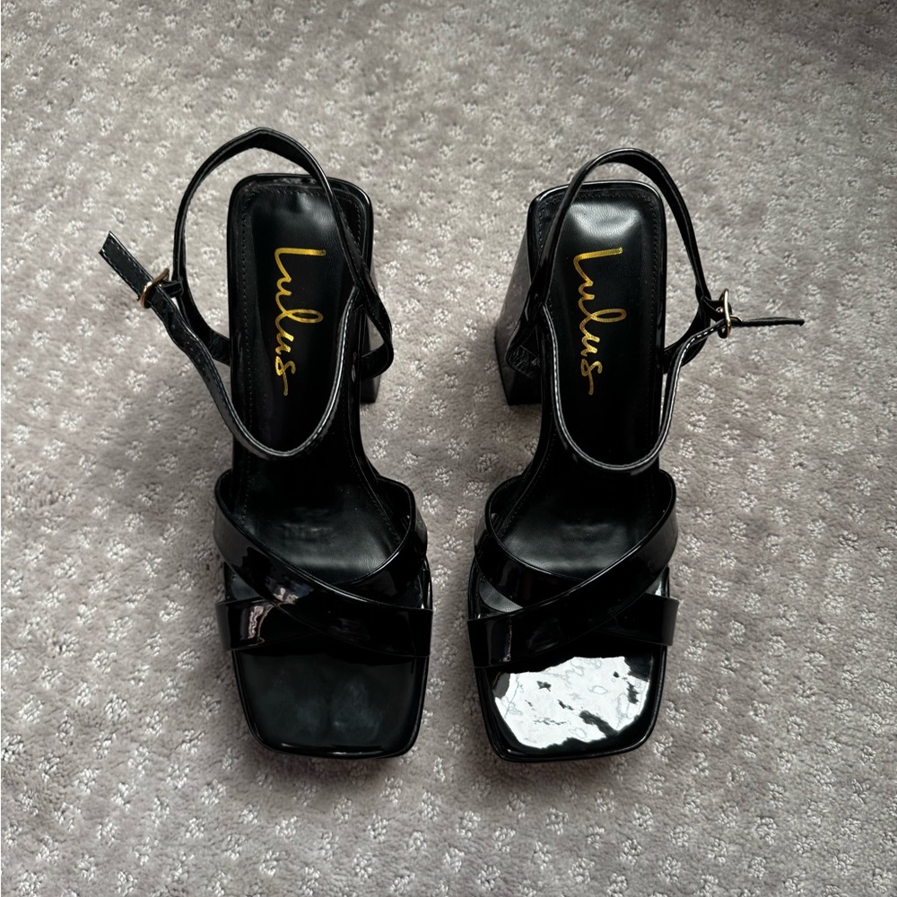 Lulu's Shiny Black Platform Heels - Picture 3 of 8